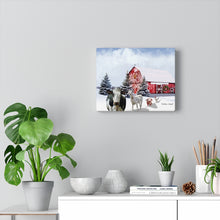 "Farmhouse Parade" Winter Christmas Canvas Art with a Holstein cow,  goat, pig, and a rooster.