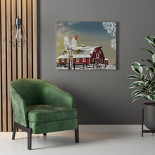 "Farm Alarm" Winter Canvas Art (Red Barn, Rooster and chickens on a farm)