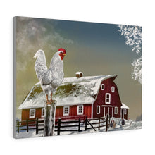 "Farm Alarm" Winter Canvas Art (Red Barn, Rooster and chickens on a farm)