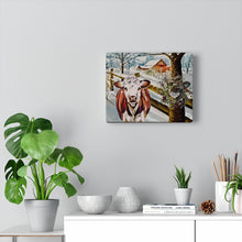 "Hereford Holler"Winter Canvas Art by Dee Jones (red Cow in a farmhouse landscape)