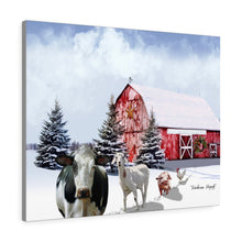 "Farmhouse Parade" Winter Christmas Canvas Art with a Holstein cow,  goat, pig, and a rooster.