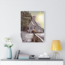 "Country Worship" Winter Canvas Art (Old Church Building and birds)