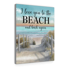 "Ocean Trail" Beach Painting with Word Art on Canvas "I love you to the BEACH and back again. (Aqua and Peach Shoreline Sunset in Acrylic)