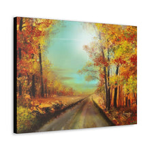 "Autumn Haze" Fall Landscape Canvas Art (Country Road with yellow and peach trees in the aqua hazed morning sunshine)