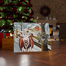 "Hereford Holler"Winter Canvas Art by Dee Jones (red Cow in a farmhouse landscape)