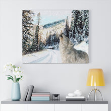 "The Call" Winter Fine Art Canvas Painting (White Howling wolf in a Woodland Landscape)
