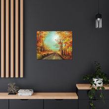 "Autumn Haze" Fall Landscape Canvas Art (Country Road with yellow and peach trees in the aqua hazed morning sunshine)