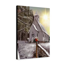 "Country Worship" Winter Canvas Art (Old Church Building and birds)