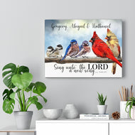 "Sing unto the Lord" Personalized Inspirational Canvas Art (Chickadee, Bluebird & Cardinal Bird Couples singing on a branch)