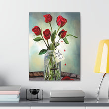 "Healing Love" Inspirational Floral Acrylic Painting on Canvas - Roses from Heaven - Five Red Roses in Mason Jar from Jesus - Aqua, yellow and blue background
