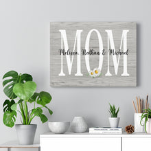 "Farmhouse Mom"  Mom Sign -  (Delicate Daisies on gray wood textured painted lettering) Personalized Canvas Art