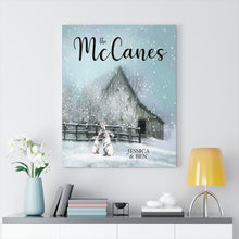 "White Hairs" Personalized Winter Canvas Art (Two White Rabbits on a snowy farmhouse landscape)