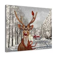 "NOSE SO BRIGHT" Christmas Canvas Art (Rudolph, Red Truck & Red Cardinal Winter Painting)