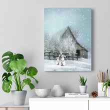 "White Hairs" Personalized Winter Canvas Art (Two White Rabbits on a snowy farmhouse landscape)