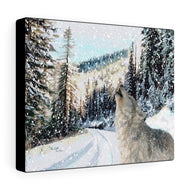 "The Call" Winter Fine Art Canvas Painting (White Howling wolf in a Woodland Landscape)